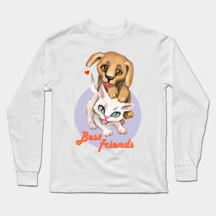 Cute small cat and dog. Sweet little baby pets. Kitten and puppy friends. Long Sleeve T-Shirt